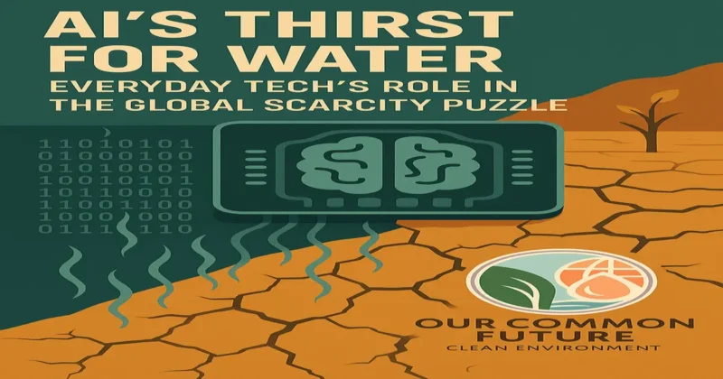 A digitally illustrated poster titled "AI's Thirst for Water: Everyday Tech’s Role in the Global Scarcity Puzzle." It features a central microchip with a brain icon and binary code on the left, symbolizing AI. Rising vapor lines emerge from cracked, dry soil below the chip, depicting water transpiration and drought. A withered plant and orange-toned arid landscape dominate the right side. The logo of "Our Common Future – Clean Environment" appears at the bottom right, emphasizing environmental responsibility.