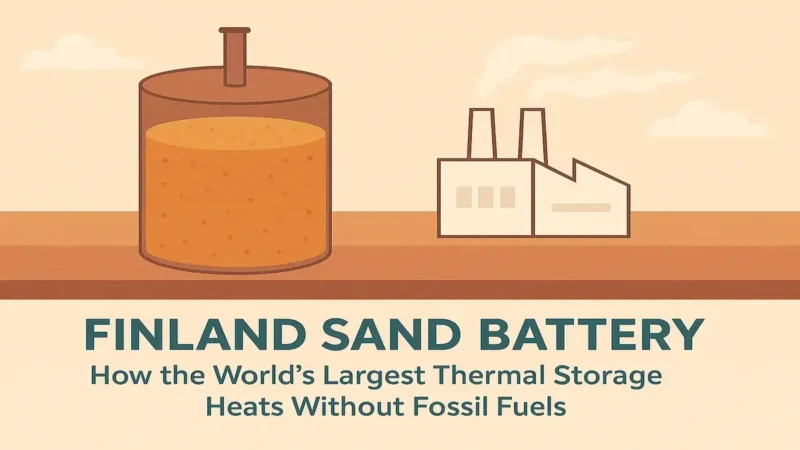 A stylized illustration of Finland’s sand battery system integrated into a snowy landscape, using warm taupe, sage whisper, and soft sky blue—highlighting sustainable thermal storage powered without fossil fuels.