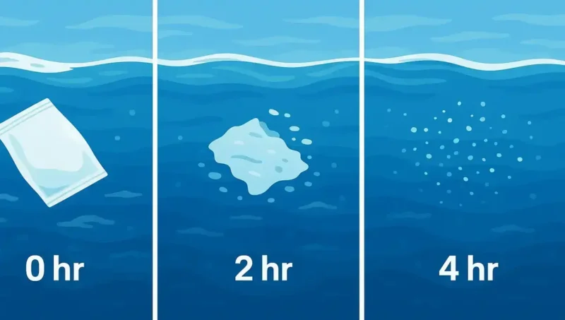 "A plastic item breaking down in ocean water over time, illustrating biodegradable plastic innovation from Japan."