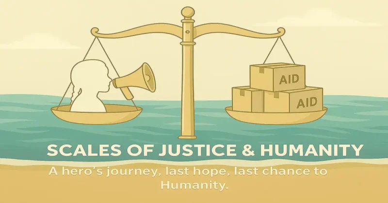 Scales balancing climate activism on one side and Gaza aid crates on the other, symbolizing debate.