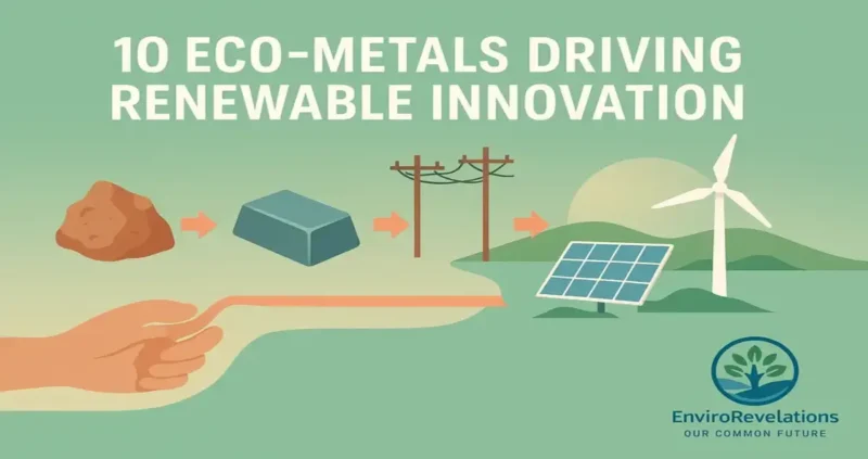Infographic showing the transformation of eco-metals into renewable energy: a hand holds raw ore, which transitions into refined metal, then power lines, and finally solar panels and a wind turbine. The background uses green tones with the EnviroRevelations logo and the title “10 Eco-Metals Driving Renewable Innovation at the top.