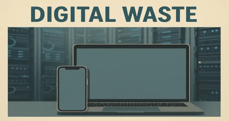 Mobile and laptop at the front and data center at the background establsihing a connection about pollution or digital waste