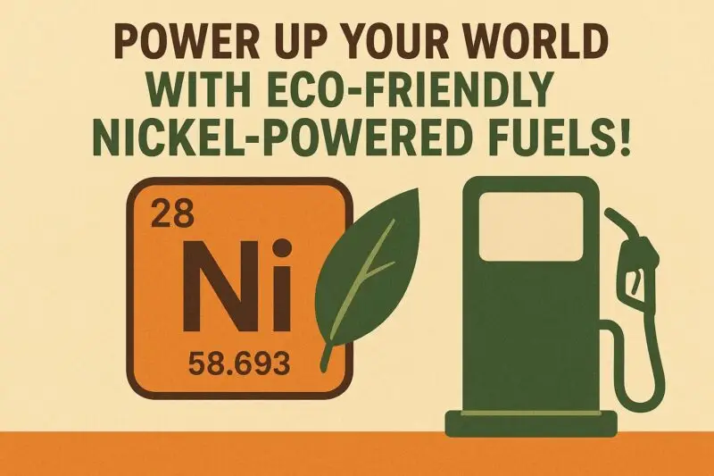 Illustration featuring the chemical symbol for nickel, a green leaf, and a green fuel pump beside the text “Power Up Your World with Eco-Friendly Nickel-Powered Fuels!”