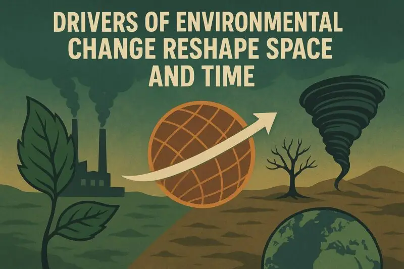A vintage-style environmental poster shows the title “Drivers of Environmental Change Reshape Space and Time” above symbolic illustrations: a green plant and factory smokestacks on the left, a central globe-like grid with an upward arrow, and on the right a barren landscape with a dead tree and swirling tornado, with part of Earth visible at the bottom, all in muted green, brown, and yellow tones.