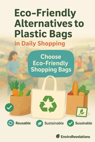 A digital illustration promotes eco-friendly alternatives to plastic bags for daily shopping. The image shows three reusable options: a jute bag filled with vegetables, a cloth tote bag with a green recycling symbol, and a paper grocery bag with produce. Infographic icons below highlight “Reusable,” “Sustainable,” and “Eco-friendly.” Overlay text reads “Eco-Friendly Alternatives to Plastic Bags in Daily Shopping” with the slogan “Choose Eco-Friendly Shopping Bags.” The EnviroRevelations logo appears at the bottom.
