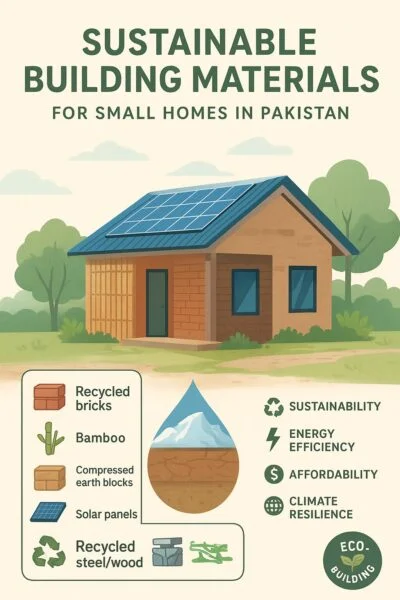 A flat-style digital illustration promotes “Sustainable Building Materials for Small Homes in Pakistan.” The eco-home is built with recycled bricks, bamboo walls, compressed earth blocks, and solar panels on the roof, surrounded by greenery. An infographic highlights key materials—recycled bricks, bamboo, compressed earth blocks, solar panels, and recycled steel/wood—alongside icons for sustainability, energy efficiency, affordability, and climate resilience. A circular badge reads “Eco-Building.”