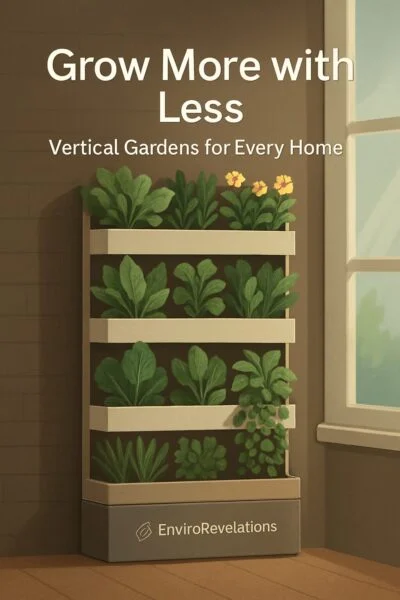 Vertical gardening system called BioTree mounted on an interior wall, holding rows of thriving green plants and herbs. The sleek unit is lit by soft daylight, promoting sustainable home gardening. Text above reads “Grow More with Less – Vertical Gardens for Every Home,” with the EnviroRevelations logo subtly displayed at the base.
