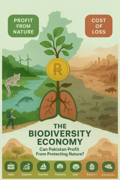 A flat-style digital infographic titled “The Biodiversity Economy: Can Pakistan Profit From Protecting Nature?” shows a split scene of Pakistan. The left side features lush forests, a snow leopard, an Indus River dolphin, wind turbines, and a hiker, symbolizing conservation and eco-tourism. The right side depicts barren landscapes, deforestation, dried rivers, and industrial smog, representing biodiversity loss. At the center, a tree with Pakistani rupee coins grows from roots shaped like lungs, symbolizing nature as economic wealth. Icons along the bottom highlight jobs, exports, tourism, forestry, law, and green finance.